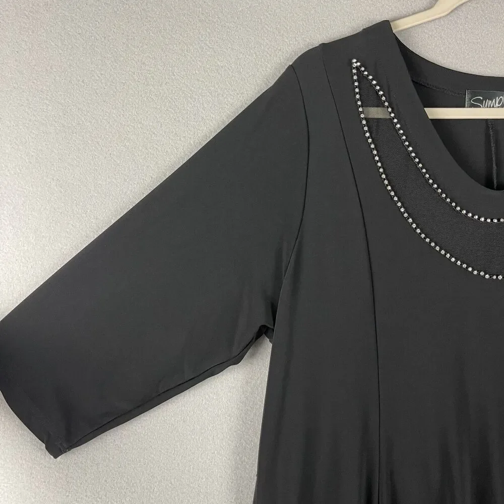 Sympli Grand Tunic Dress Womens 2G Black Rhinestone Mesh Asymmetrical Lagenlook‎